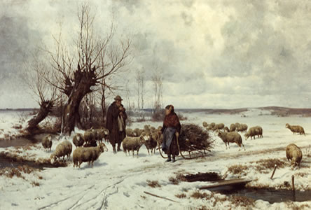 Winterscene Man & Woman with Sheep - AFTER