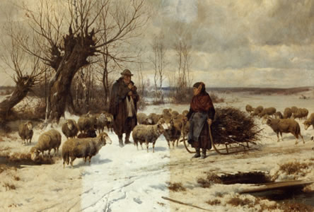 Winterscene Man & Woman with Sheep - BEFORE